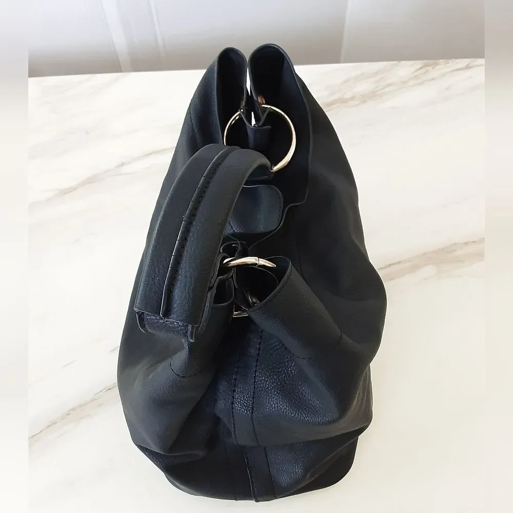 Minimalist Black Pebble Faux Leather Hobo Shoulder Tote